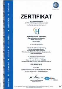 TÜV Urkunde zur Zertifizierung nach DIN ISO 9001